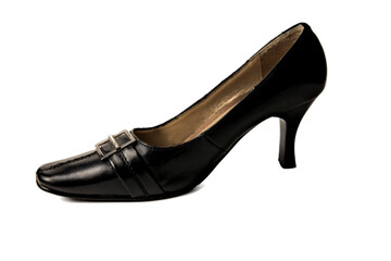 Black high-heeled metallic shoe isolated on white background