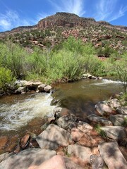 Fototapeta na wymiar Jemez Springs, New Mexico, river, rocks, blue sky, mountain, desert 
