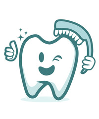 happy tooth with brush cartoon