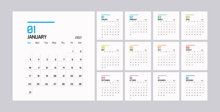 Modern minimal Calendar Planner Template for 2021. Vector design editable template