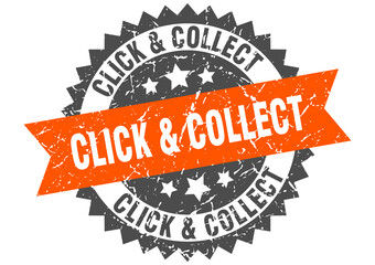 click & collect stamp. grunge round sign with ribbon