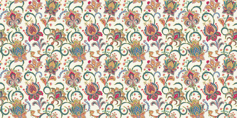 Fantasy flowers seamless paisley pattern. Floral ornament, for fabric, textile, cards, wrapping paper, wallpaper template. - 383421207