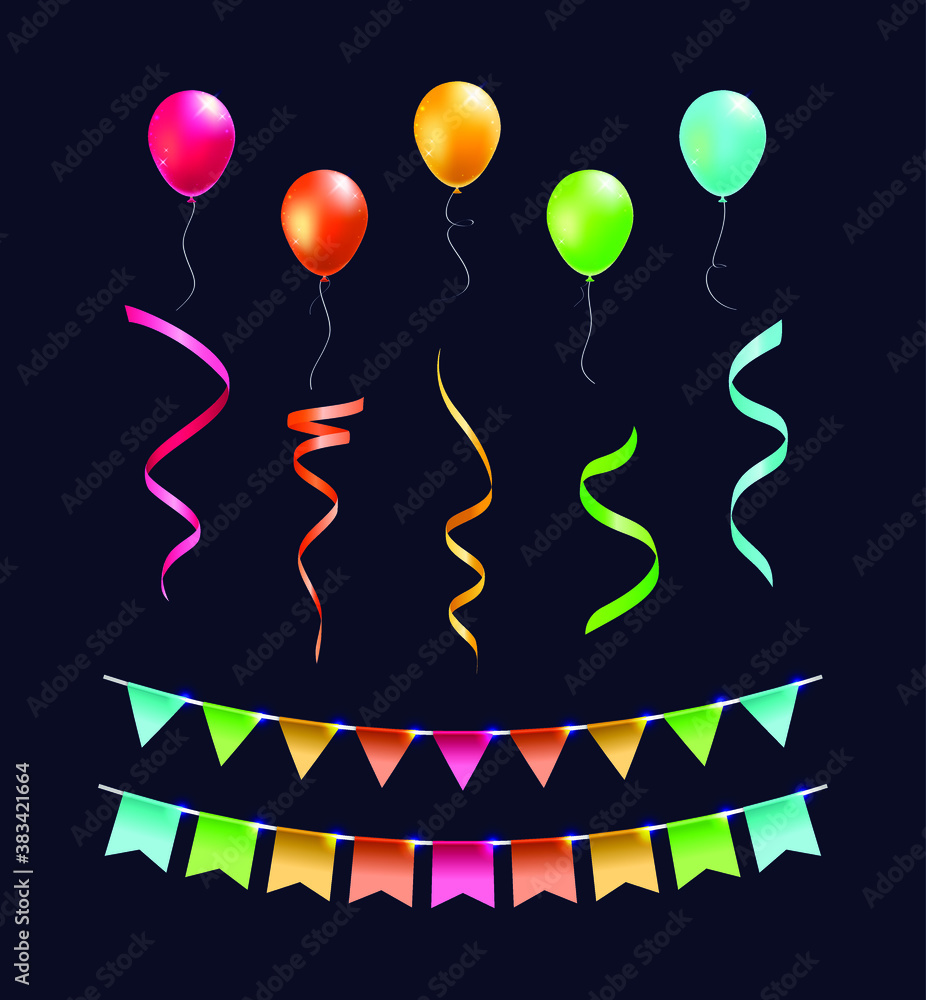 Poster set of realistic isolated colorful bparty elements on black background . isolated vector elements