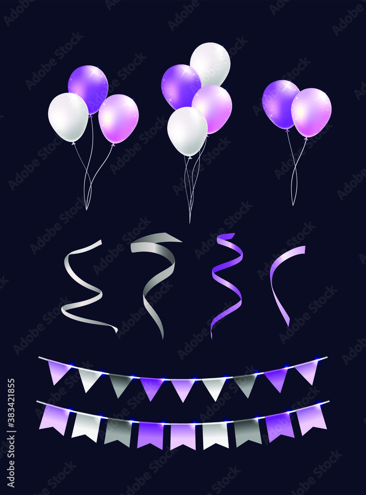 Poster set of realistic isolated colorful bparty elements on black background . isolated vector elements