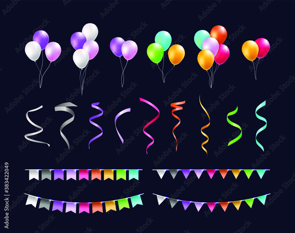 Poster set of realistic isolated colorful bparty elements on black background . isolated vector elements