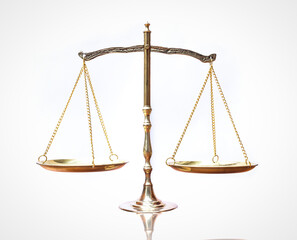Symbol of justice: Law scales on table isolated on white background
