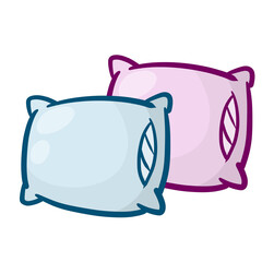 Set of pillows. Large and small object. Cartoon flat illustration. Soft colored cushions in blue and pink. Element of bedroom and bed for sleep