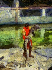 Show performers with crocodiles Illustrations creates an impressionist style of painting.