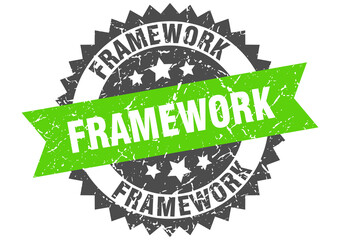 framework stamp. grunge round sign with ribbon