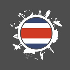 Obraz premium Circle with tropical recreation relative silhouettes. Objects located around the circle. Human posing with surfboard, cruise ship, palm and lifeguard tower. Costa Rica flag in the center.