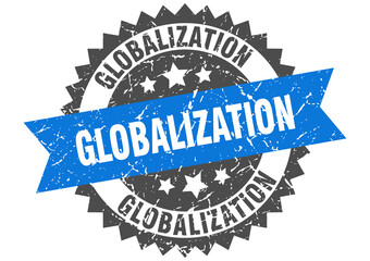 globalization stamp. grunge round sign with ribbon
