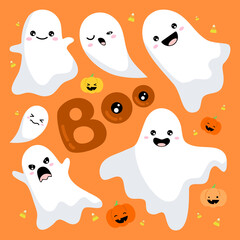 Cute ghost character and flying white spirit with Boo for Halloween. Scary and spooky monster cartoon with pumpkin and candy on orange background for greeting card. Flat vector illustration