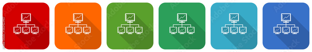 Poster Network icon set, flat design vector illustration in 6 colors options for webdesign and mobile applications