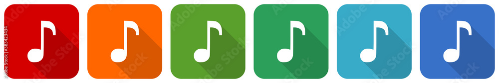 Aufkleber music icon set, flat design vector illustration in 6 colors options for webdesign and mobile applica
