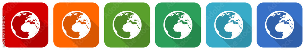 Aufkleber Earth icon set, flat design vector illustration in 6 colors options for webdesign and mobile applications