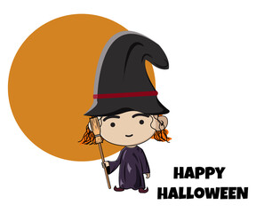 The cartoon character cute little witch is holding a broomstick and an orange moon behind it, and lettering Happy Halloween.  Isolated on white background.