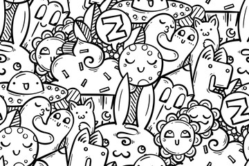 Kawaii doodle smiling monsters seamless pattern for child prints, designs and coloring books. Ufo, rabbits, cream and clouds