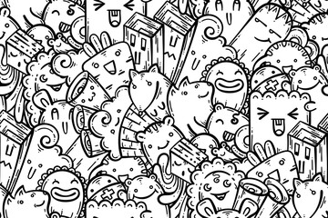 Kawaii doodle smiling monsters seamless pattern for child prints, designs and coloring books