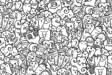 Kawaii doodle smiling monsters seamless pattern for child prints, designs and coloring books. Panda bear, candy, flower, owl, rabbit, tea