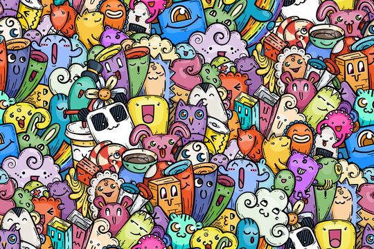 Kawaii doodle smiling monsters seamless pattern for child prints, designs and coloring books. Panda bear, candy, flower, owl, rabbit, tea