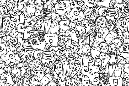 Kawaii doodle smiling monsters seamless pattern for child prints, designs and coloring books. Panda bear, candy, flower, owl, rabbit, tea