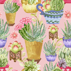 Watercolor hand drawn illustration with cactus and succulents  Green house botanical plants illustrations seamless pattern background