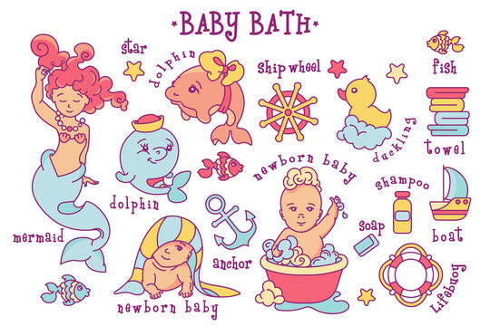 Vector clipart of newborn babies with wash supplies and marine characters. Can be used as an icon, symbol, care products template. Isolated on white background. Retro warm colors