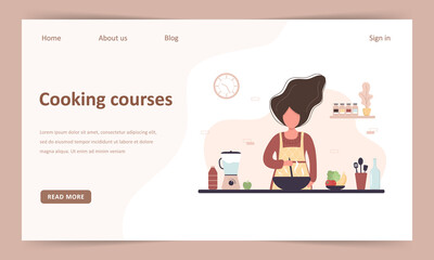 Cooking school. Online culinary master class. Landing page template. Girl preparing homemade meals for lunch or dinner. The chef teaches to cook. Learning at home. Flat cartoon vector illustration.