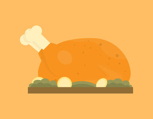illustration roast turkey or grilled with lemon and vegetables as a garnish. fall or winter foods and thanksgiving meals. flat style. design elements