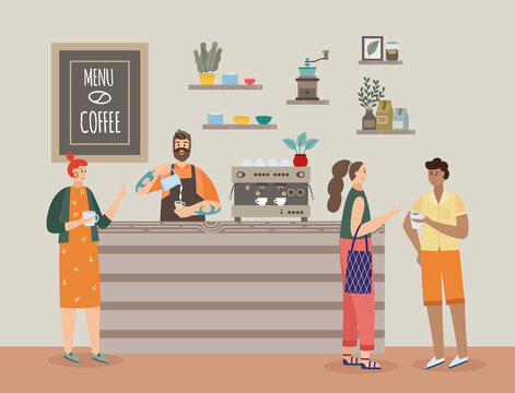 Interior of coffee shop with barista and cafe visitors a vector flat illustration