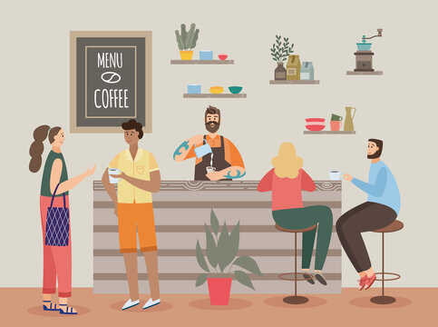 People in coffeeshop and barista serving coffee, flat vector illustration.