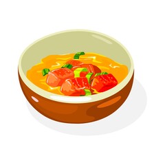 Spicy yellow sauce with chopped tomatoes, scallions, greenery is in brown bowl. Traditional korean cuisine dish. Vector illustration isolated on white for menu, recipe, cookbook, advertising.