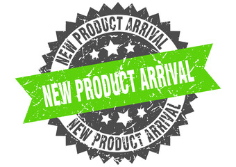 new product arrival stamp. grunge round sign with ribbon