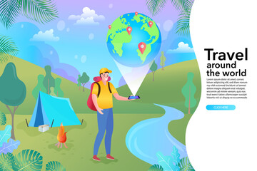 Online travelling Illustration for landing page. Travel and vacation concept. Man using mobile navigation app.