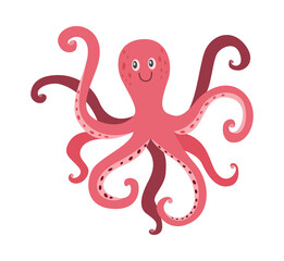 Cartoon octopus swimming and smiling, flat cartoon vector illustration isolated