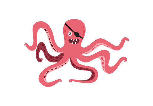 Pirate octopus with eyepatch - funny pink cartoon animal smiling
