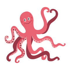 Cute octopus smiling and making heart gesture flat vector illustration isolated.