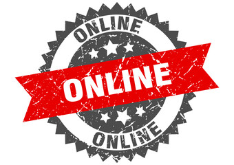 online stamp. grunge round sign with ribbon