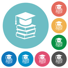 Graduation cap with three books flat round icons