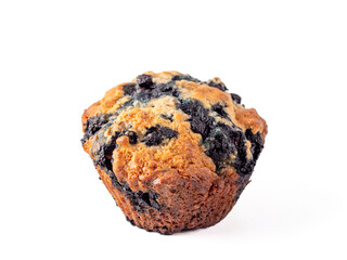 Homemade vegan blueberry muffin isolated. Vegetarian egg-free muffin with blue berries isolated on whte with clipping path.