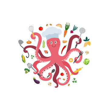 A cartoon pink octopus chef cook a vector isolated illustration