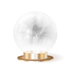 Realistic 3D Christmas glass ball. Isolated on white background. Christmas glass snow globe. Snowball on gold stand. Christmas snow globe. Vector illustration.