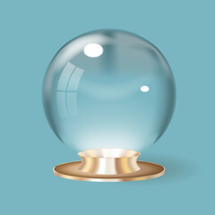 Realistic 3D Christmas glass ball. Isolated on light blue background. Christmas glass snow globe. Snowball on gold stand. Christmas snow globe. Vector illustration.