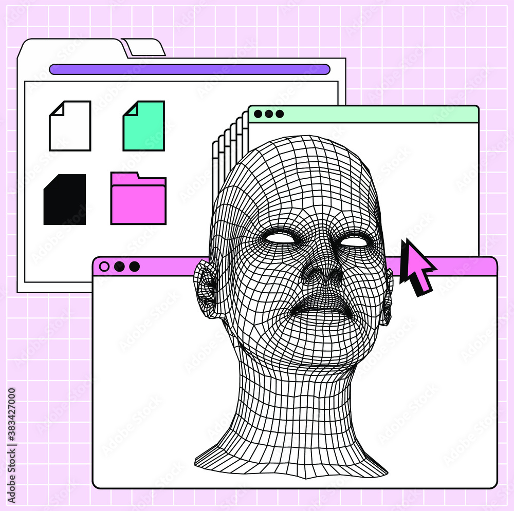 Poster low poly 3d head, human face structure made of grid. biometrics, facial recognition and cyber securi