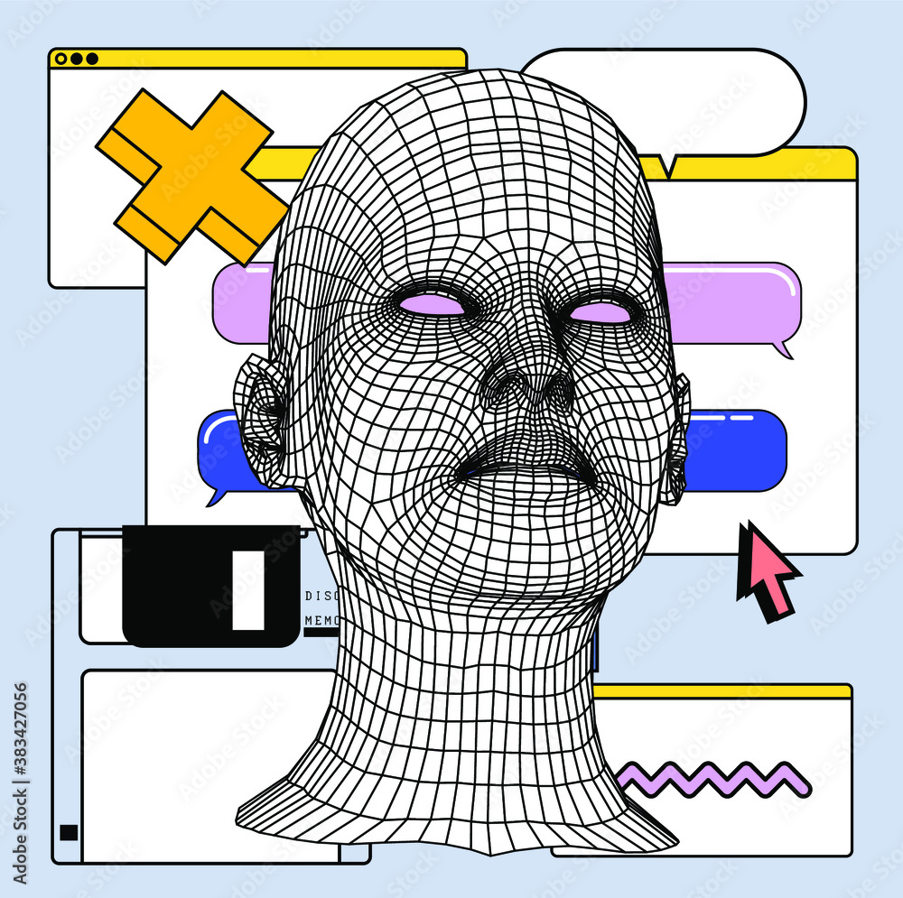 Poster Low poly 3D head, human face structure made of grid. Biometrics, Facial Recognition and Cyber Security concept.