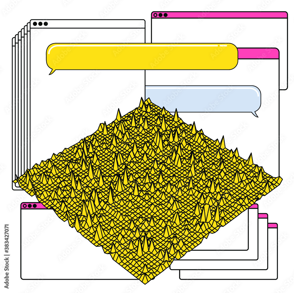 Poster Data visualization and infographics template, Collage of user interface elements and glitched surface,