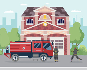 Fire station building exterior with firetruck and cartoon firemen