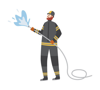 Fireman fighting fire with water hose, flat cartoon vector illustration isolated