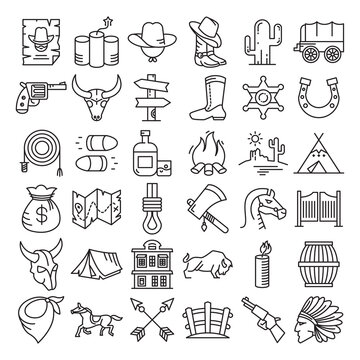 cowboy and west life icons line vector illustration