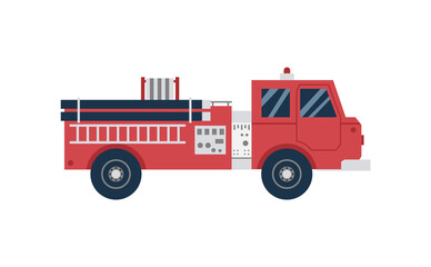 Fototapeta premium Red cartoon firetruck from side view. Cartoon fire engine truck
